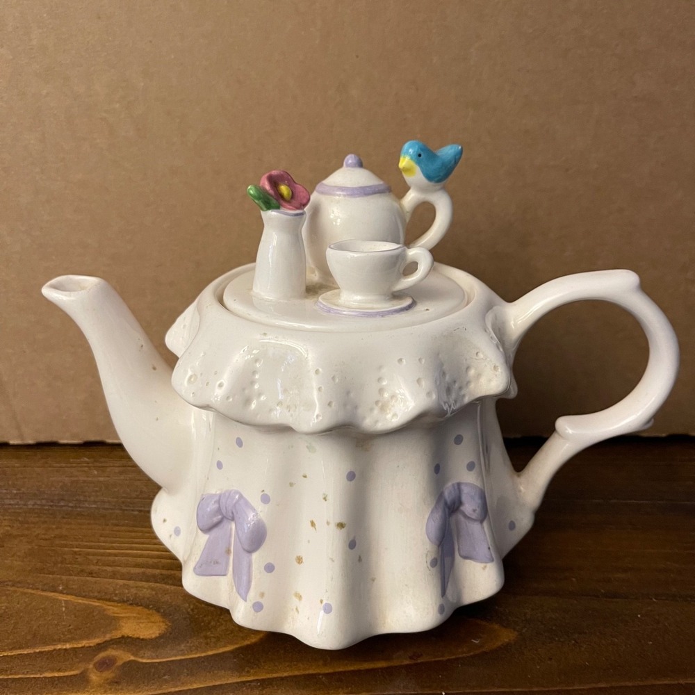 Vintage Teleflora The Tea Party Ceramic Teapot Purple Bows Blue Bird Ruffles